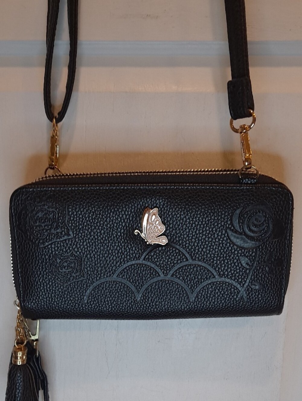 Factory Bags Black Vegan Floral Embossed Crossbody Wallet Gold Pink Butterfly